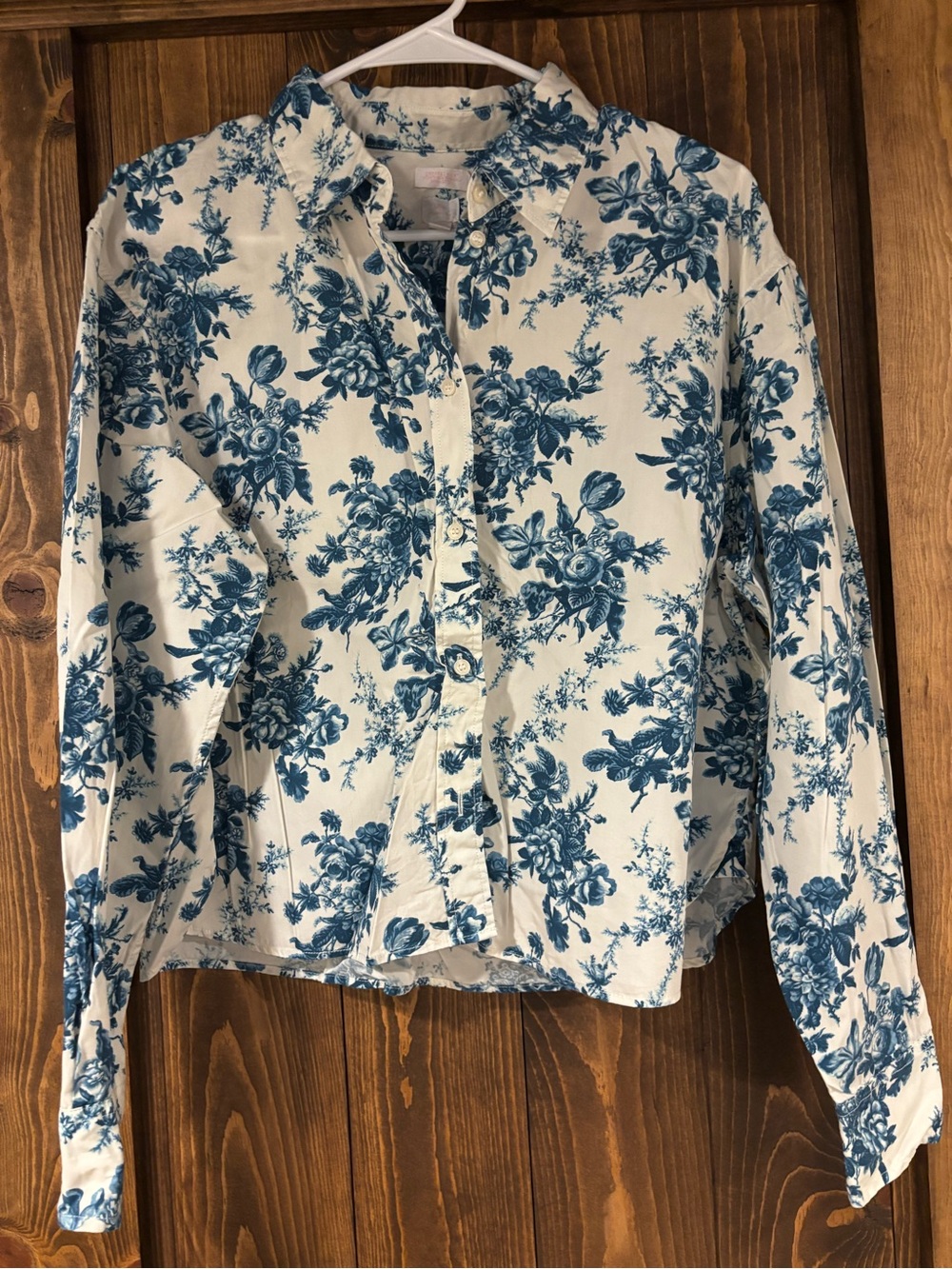 Gap LoveShackFancy 100% Organic Cotton Crop Shirt Blue and White Floral Print M